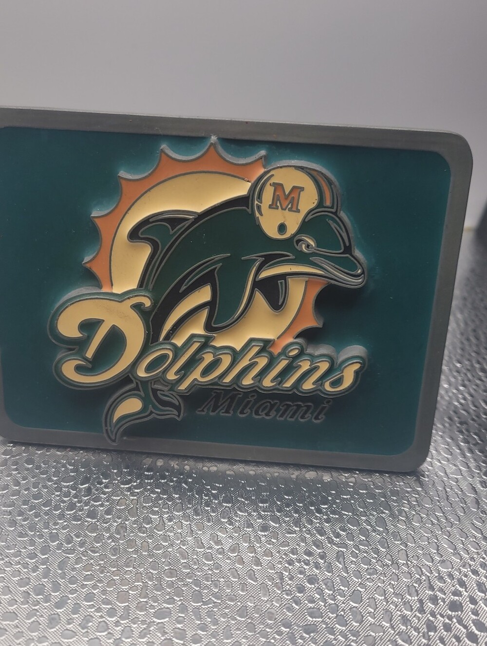 Miami Dolphins Rectangle Truck or SUV Metal Trailer Hitch Cover Vintage 4.25" W
